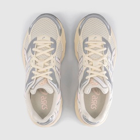 Asics trainers in cream and pink cloud, overhead view showing mesh and suede upper with grey overlays and cream laces