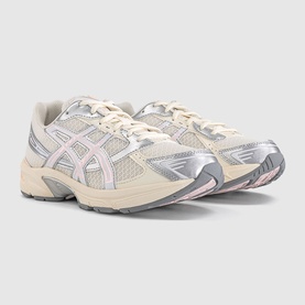 Asics GEL-1130 trainers in Cream Pink Cloud, featuring silver metallic overlays, mesh upper, and chunky cream midsole.