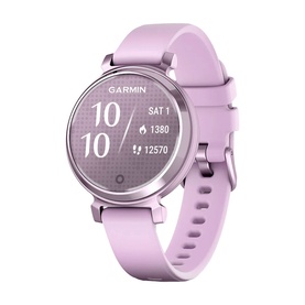 Garmin Lily 2 smartwatch in lilac with matching silicone strap, round display showing fitness stats, silver-tone case