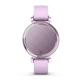 Garmin Lily 2 smartwatch in lilac with round face, textured dial, gold-tone case, and matching silicone strap