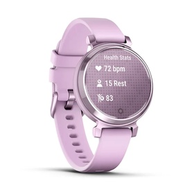Garmin Lily 2 smartwatch in lilac with matching silicone strap, displaying Health Stats screen showing heart rate and activity data