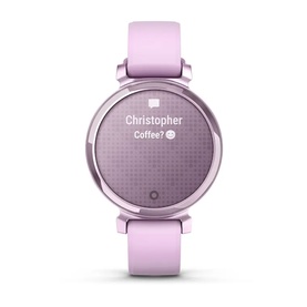 Garmin Lily 2 smartwatch in lilac with matching silicone strap, displaying a message notification on the round dial face