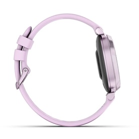 Garmin smartwatch in lilac with matching silicone strap, slim profile and pale gold-tone casing, side view