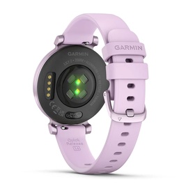 Garmin Lily 2 smartwatch in lilac, rear view showing heart rate sensor and charging contacts with matching silicone strap