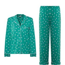 Kate Spade Dot Dance Green pyjama set with white polka dots, contrast white piping trim, button-front top and elasticated trousers