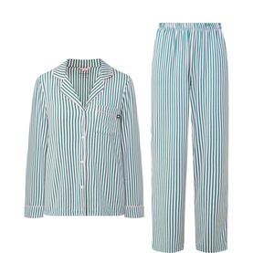 Kate Spade 325 Timeless Stripe pyjamas in green and white stripe, long-sleeve button-up top and elasticated waist trousers