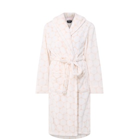 Kate Spade Joy Dot Evergreen robe in cream with tonal dot print, shawl collar, tie belt, and patch pockets