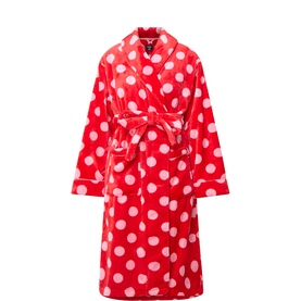 Kate Spade Cozy Dot Robe in red with pink polka dots, shawl collar, tie waist, and long sleeves in soft fleece fabric