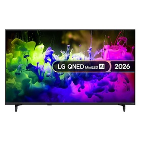 LG QNED MiniLED AI 2026 television in black, displaying vibrant colourful screen, slim bezel design with stand