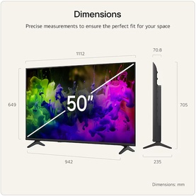 50-inch flat-screen TV dimension diagram showing width 1112mm, height 705mm, depth 235mm, with diagonal screen measurement illustrated