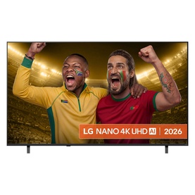 LG Nano 4K UHD AI 2026 television, black slim-bezel design displaying football fans celebrating on screen