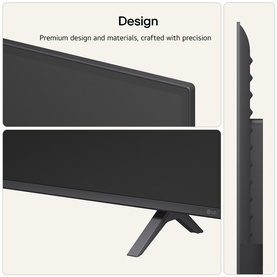 Dark grey flat-screen TV showing slim bezel detail and V-shaped stand base, with design and precision craftsmanship callout text