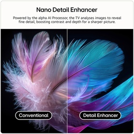Nano Detail Enhancer feature comparison showing conventional versus enhanced image clarity using colourful feathers as demonstration
