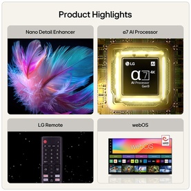 LG TV product highlights graphic showing Nano Detail Enhancer, a7 AI Processor chip, LG Remote control, and webOS interface