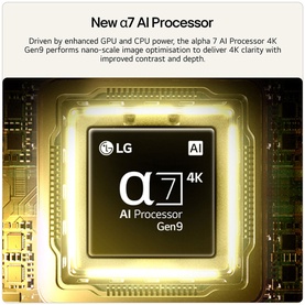LG alpha 7 AI Processor 4K Gen9 chip graphic highlighting enhanced GPU, CPU and nano-scale image optimisation for 4K clarity