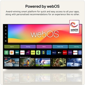 LG smart TV screen displaying webOS interface with app icons including Sports, Gaming, Music and streaming services
