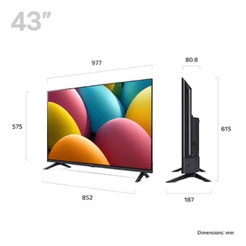 LG 43 Inch Full HD HDR LED Smart TV in black, shown from front and side angles with dimension measurements labelled in millimetres.