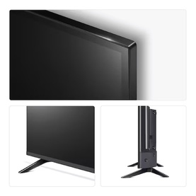 LG 43 Inch Full HD HDR LED Smart TV in black, shown from multiple angles including front panel, base stand, and side profile views.