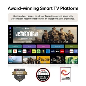 LG 43 Inch Full HD HDR LED Smart TV in black, displaying webOS smart platform with streaming apps and Masters of the Air content