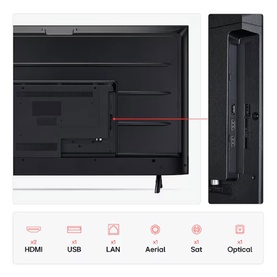 LG 43 Inch Full HD HDR LED Smart TV Black, showing rear panel ports and connectivity icons: HDMI, USB, LAN, Aerial, Sat, Optical