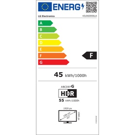 LG 43 Inch Full HD HDR LED Smart TV Black energy rating label showing F rating, 45 kWh/1000h consumption and HDR rating.