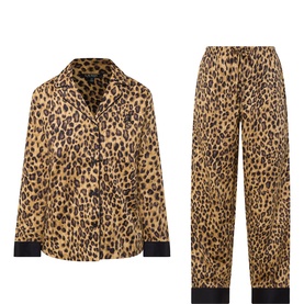Lauren brown leopard print pyjama set, long-sleeve button-front top and trousers with black trim, cotton-viscose blend
