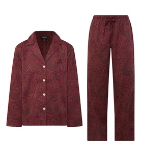 Lauren burgundy paisley print pyjama set, long-sleeve button-front top and wide-leg drawstring trousers, cotton-viscose blend