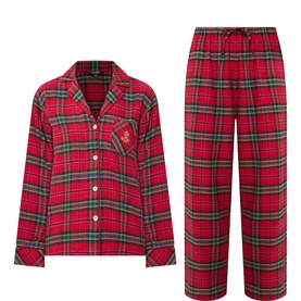 Lauren red tartan plaid pyjama set with long-sleeve shirt and wide-leg trousers, embroidered chest detail, drawstring waist