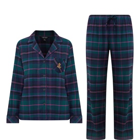 Lauren green tartan check cotton blend pyjama set with notch collar top and drawstring trousers, small embroidered logo detail