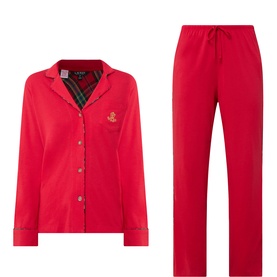 Lauren red cotton-blend pyjama set with button-front long-sleeve top featuring embroidered logo and tartan trim, with drawstring trousers