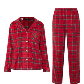 Lauren Fleece Tartan Monogram Pyjama Set in red tartan, notched lapel top with chest pocket and straight-leg bottoms