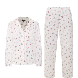 Lauren Fleece Floral Monogram Pyjama Set in cream, notched lapel, long sleeves, monogram chest pocket, elasticated straight-leg bottoms