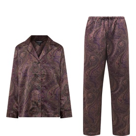Lauren multi paisley print pyjama set in satin finish, featuring notch collar long-sleeve top and elasticated waist trousers
