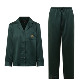 Lauren green satin pyjama set with notch collar, long sleeves, embroidered crest, and drawstring trousers