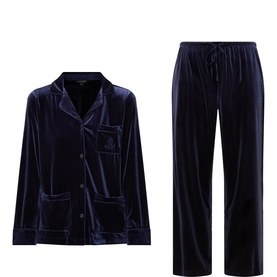 Lauren navy velvet pyjama set with button-front long-sleeve top and drawstring trousers, embroidered logo detail on chest pocket
