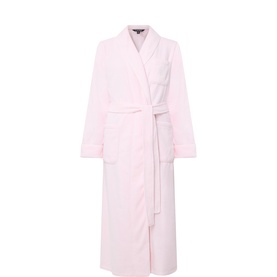 Lauren Pink Robe in 100% polyester, shawl collar, self-tie belt, long length, chest patch pocket, flatlay view