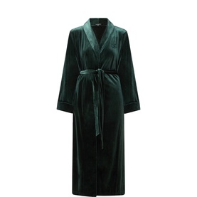 Lauren green velvet robe with shawl collar, self-tie belt, and long sleeves