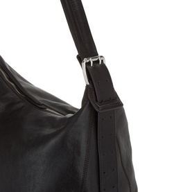 Lemaire dark chocolate veal leather bag, close-up of silver buckle hardware and shoulder strap detail with zip edge visible