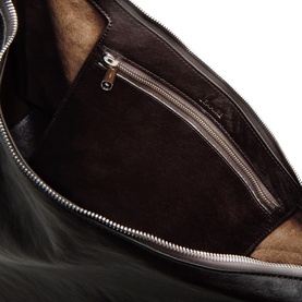 Lemaire bag in dark chocolate veal leather, interior view showing suede lining, zip pocket, and silver-tone zipper closure