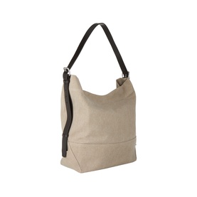Lemaire Belted Tote Bag in Dark Linen canvas with black adjustable leather shoulder strap and silver-tone hardware, structured silhouette