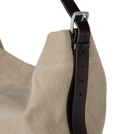 Lemaire Belted Tote Bag in dark linen canvas with black leather adjustable strap and silver-tone buckle hardware, close-up detail shot