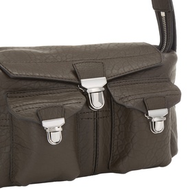 Lemaire dark green leather bag with multiple front pockets, silver-tone buckle clasps, and top zip fastening.