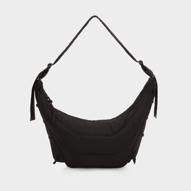 Lemaire dark chocolate polyamide shoulder bag with knotted strap details and crescent silhouette, silver-tone hardware
