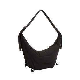 Lemaire dark chocolate polyamide shoulder bag with single top strap, curved body, and side buckle detail