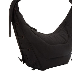 Lemaire dark chocolate polyamide shoulder bag with lace-up side detail, structured base and adjustable strap, close-up view