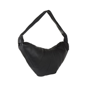 Lemaire Croissant Large Bag in black leather with panelled silhouette, side knot detailing, adjustable shoulder strap, and silver-tone hardware