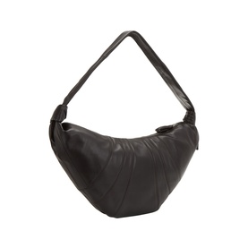 Lemaire dark chocolate leather croissant shoulder bag with single top handle and ruched curved body