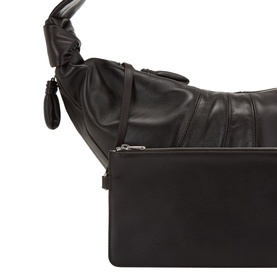 Lemaire dark chocolate leather bag with knotted top handle, ruched upper body, zip fastening, and silver-tone hardware detail.