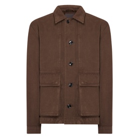 Lemaire Flap Pocket Overshirt in brown cotton, point collar, front button fastening, two large flap pockets, dropped shoulders