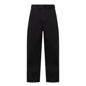 Lemaire black cotton casual trousers with integrated belt and wide-leg silhouette, contrast stitching detail